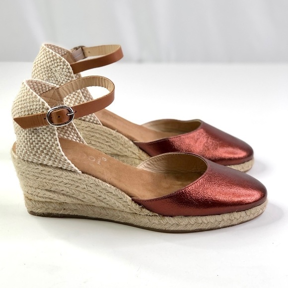 Maypol Anthropologie wedge espadrilles metallic red leather toe woven heel 39 - Picture 2 of 12